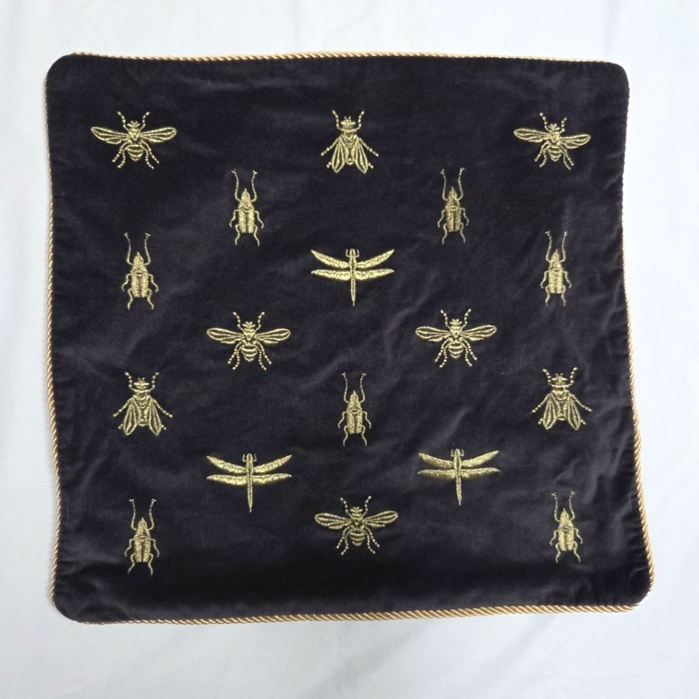Bug Embroidered Cushion Cover Charcoal Velvet